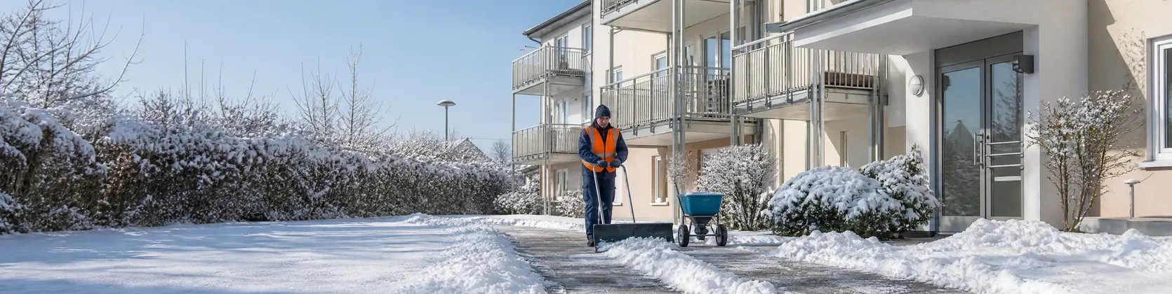 Mitarbeiter mit Warnweste räumt den Gehweg vor einer verschneiten Wohnanlage