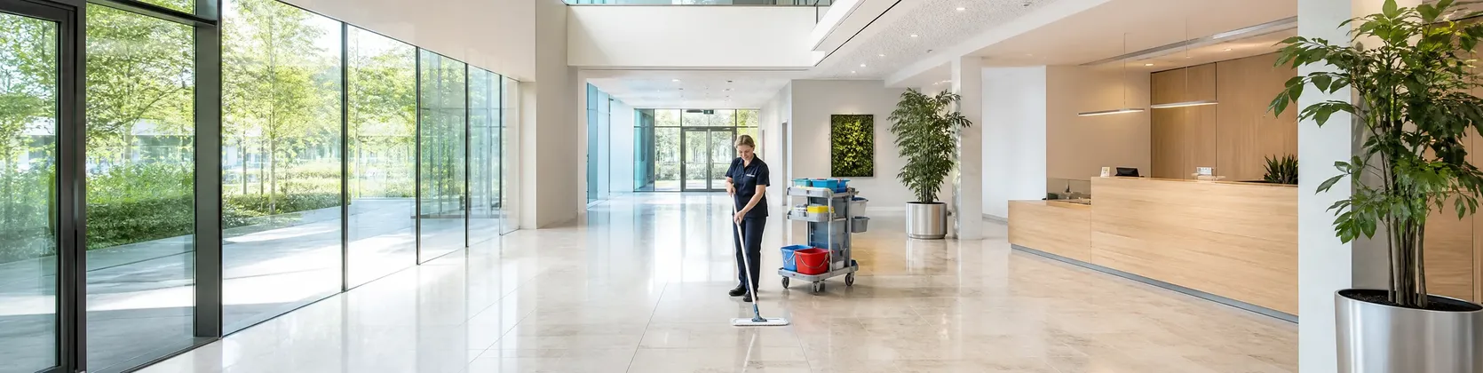 Reinigungskraft wischt mit Reinigungswagen das Foyer eines Verwaltungsgebäudes