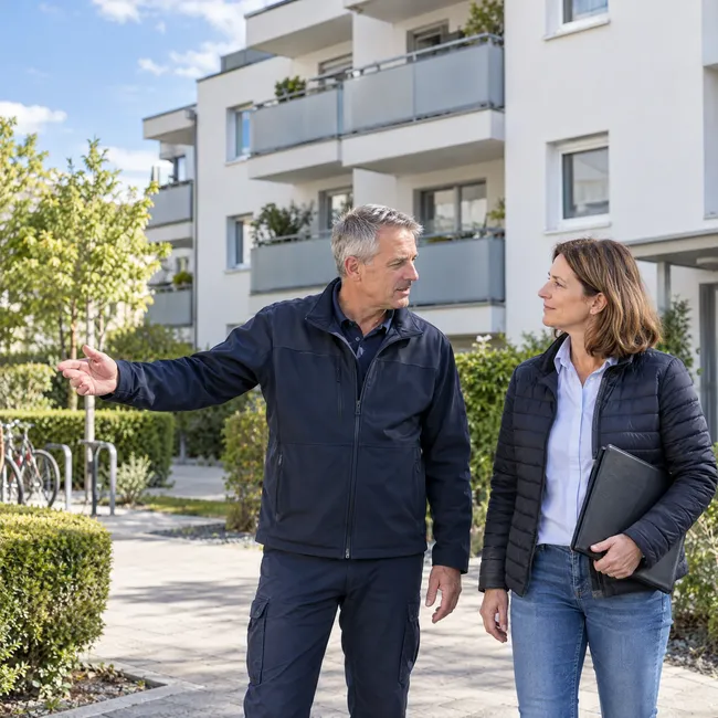 Objektbetreuer und Hausverwalterin im Gespräch vor einer Wohnanlage
