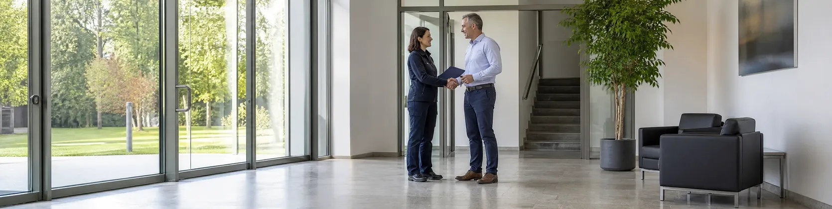 Objektbetreuerin übergibt einem Kunden Schlüssel und Unterlagen im Foyer