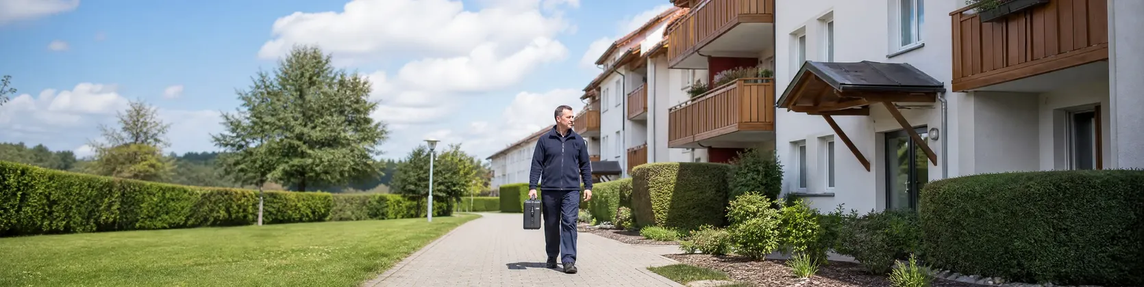 Hausmeister mit Werkzeugkoffer beim Kontrollgang durch eine Wohnanlage